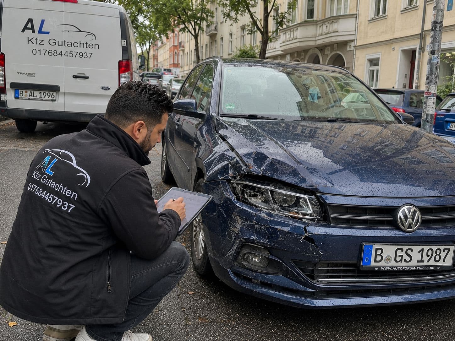 Sachverständiger begutachtet ein Fahrzeug in der Werkstatt